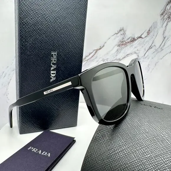New PRADA Sunglasses Black Acetate Square Silver Metal Logo 53mm Gray Lens - Picture 3 of 16